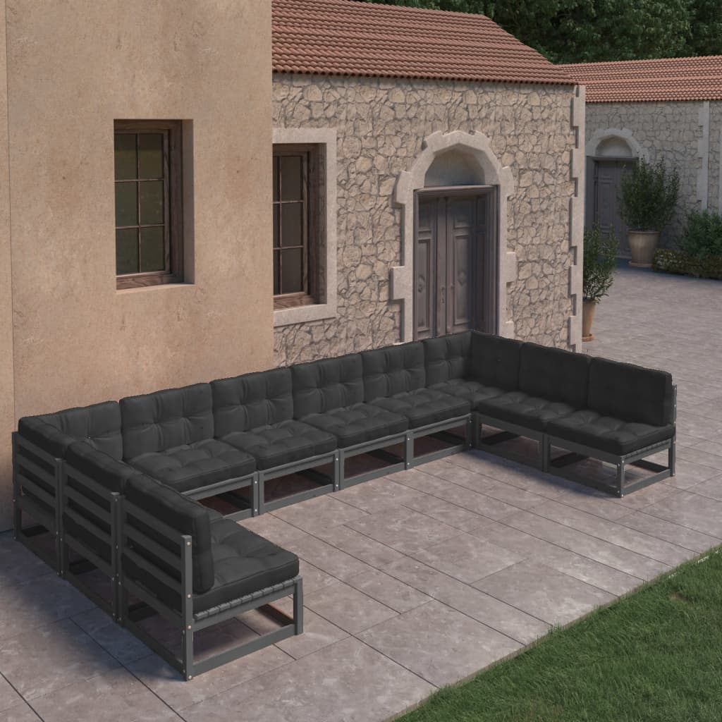 10-tlg. Garten-Lounge-Set mit Kissen Schwarz Kiefer Massivholz